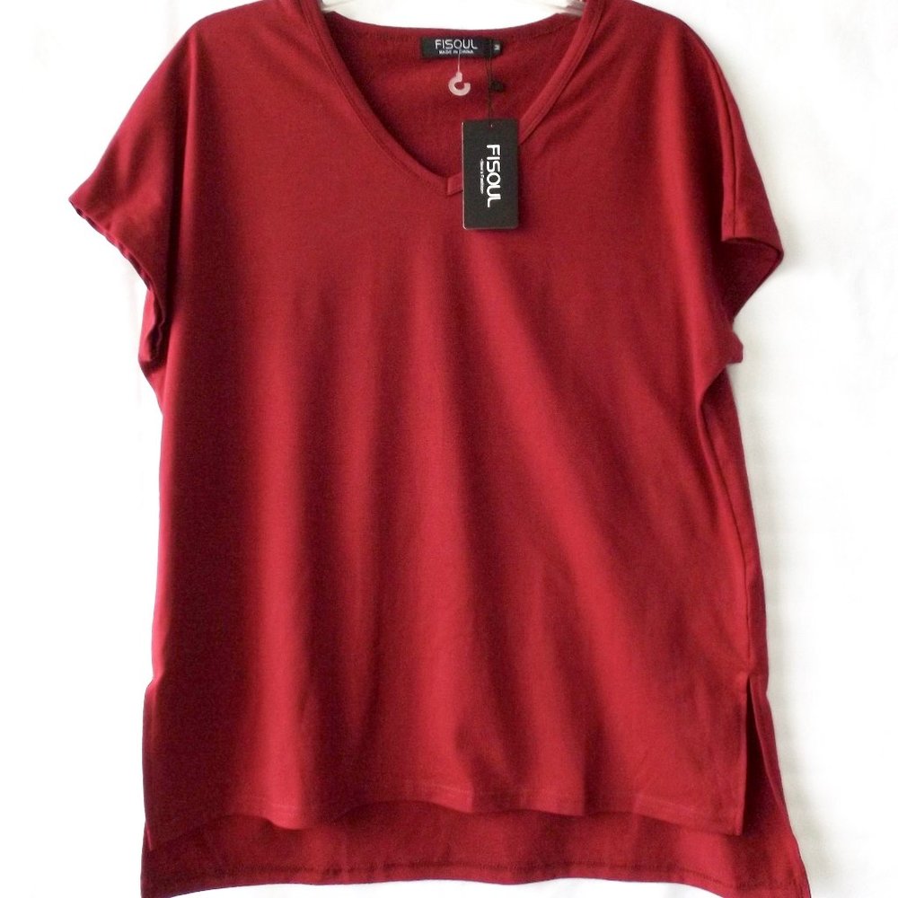 Nes Fisoul Maroon Red Short Sleeve Shirt tunic, V-Neck, Size Medium